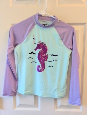 Lands End Girls Swim Shirt NWOT Seahorse Sequins